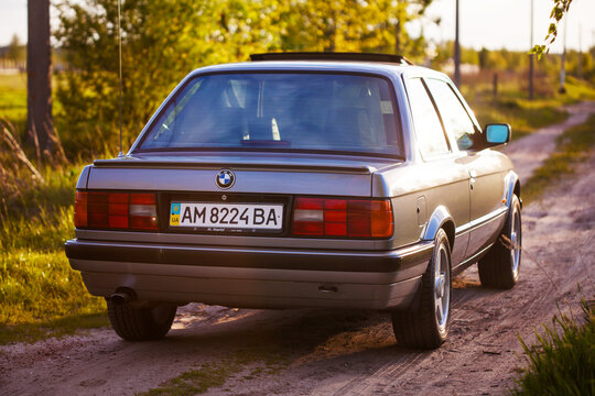 KYIV, UKRAINE - May 21, 2020: The back part of an old German rare car BMW e30