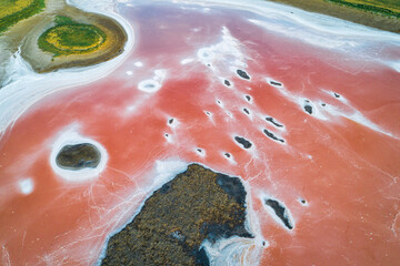 Pink lake in Kalmykia. Pink and white salt on a salt marsh. Incredible texture nature