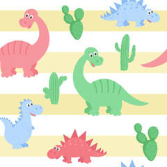 Dinosaurs pattern with cactuses on the background of sand stripes, vector illustration. Background with cute dino for kids wallpaper, packaging, fabric and textile. Template of wild animals.