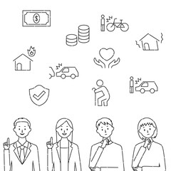 Insurance illustration, person and icon set (white background, vector, cut out)