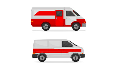 Ambulance Car with Red and White Colors as Medically Equipped Vehicle for Transporting Patients Vector Set