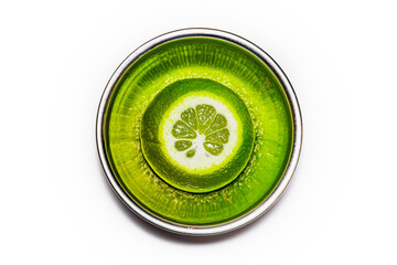 Lime Sliced in Stainless Steel Bowl, top down view, abstract bright green reflections. Delicious healthy citrus fruit.