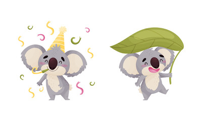 Naklejka premium Cute Gray Koala Bear Blowing Whistle and Carrying Leaf Vector Set
