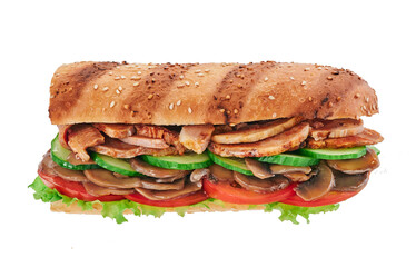 Fresh baguette sandwiches with Ham, sliced cheese, tomatoes and fresh lettuce isolated on white background. Space for text. High quality photo