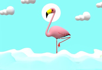 Pink Flamingo standing in water with one foot up. 3d illustration. seascape. landscape. Nature, clouds, water waves, flamingo.