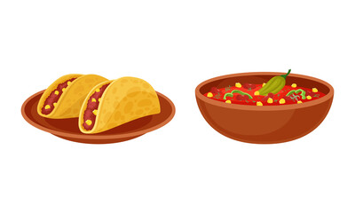 Bowl of Baked Beans with Vegetables and Taco with Savory Filling Vector Set