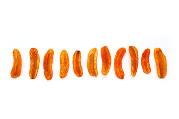 Spicy snack, Banana slice chips paprika flavor on white background.