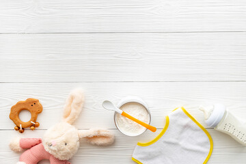 Baby bottle milk formula and powdered milk in a jar for baby feeding