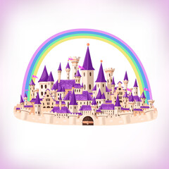 FairyTale cartoon castle. Cute cartoon castle. Fantasy fairy tale palace with rainbow. Vector illustration