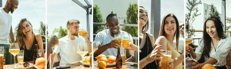 Collage of young people, friends meeting together at bar, pub. Male and female models having fun, drinking beers and laughing.