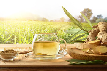 Organic ginger infusion on wooden table in the field front