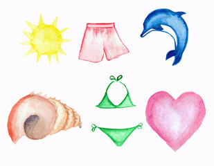 A WATERCOLOR SUMMER SET WITH A SHELL, SWIM SUIT, 
SWIMMING TRUNKS, SUN, DOLPHIN, HEART AS LOVE SIMBOL
