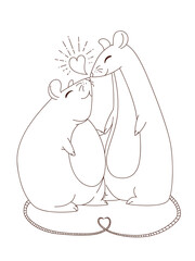 Adorable mice couple kissing. Two cute rats in love. Jpeg outline illustration. Elements for design, packaging, fabric, coloring book