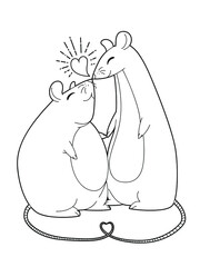 Adorable mice couple kissing. Two cute rats in love. Vector outline illustration. Elements for design, packaging, fabric, coloring book