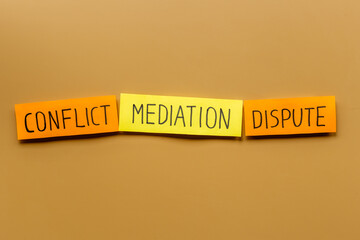 Mediation prosses in business. Word mediation on office table, top view