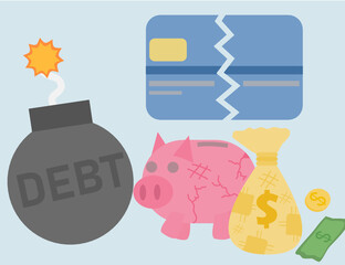 Bomb, piggy bank, credit card, bag, coin and money.Debt and bad economy.Finance and business.Banking, borrowing and credit concept.Cartoon vector illustration.Flat design.Sign, symbol, icon or logo.