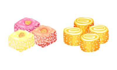 Turkish Delight or Lokum as Arabic Sweet and Sugary Dessert Vector Set