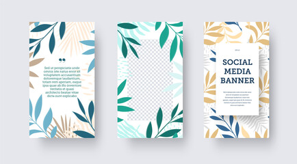Fototapeta na wymiar Vector banner for social media, cover with jungle, tropical leaves, monstera, palms for business concept.
