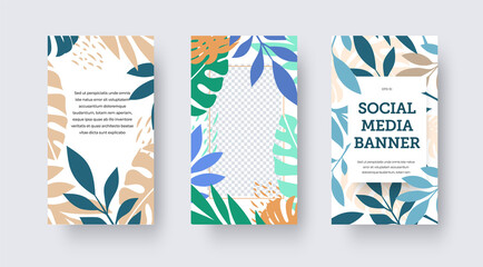 Fototapeta na wymiar Vector illustration, social media banner with monstera leaves, palms, tropical twigs in blue, nude, green.