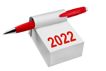 Kalender 2022 und Rotstift auf weissem Hintergrund