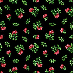 Watercolor Cowberry, Cranberry seamless pattern. Red forest berries bunch and green leaves on black. Hand drawn botanical background for vintage floral print, fabric, textile, package, scrapbooking
