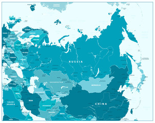 Eurasia map in aqua blue colors