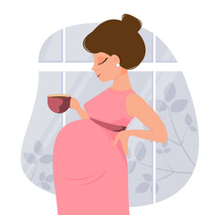 Cute cartoon pregnant woman in dress holds a cup of tea or coffee in her hand against the backdrop of plants. Background of window. Vector illustration.