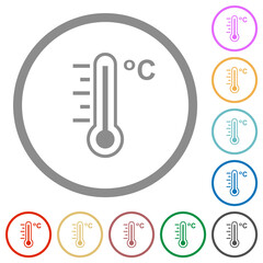 Celsius thermometer warm temperature flat icons with outlines
