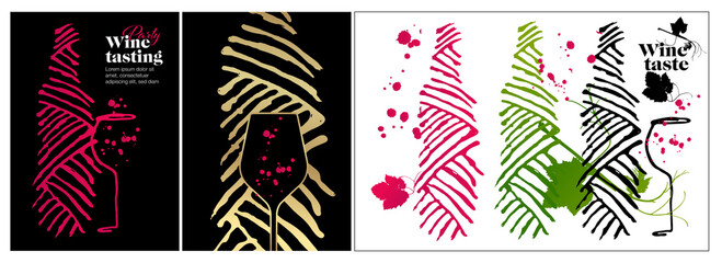 Fototapeta na wymiar Idea of artistic designs with bottles and glasses of wine or drink. Sketch silhouette of vine leaves.