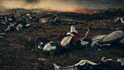 Medieval Knight Walking on Battlefield amidst Dead Enemies. Last Surviving Crusader, Soldier, Warrior after Battle. Destruction of War, Invasion, Crusade. Dramatic, Cinematic Historic Reenactment