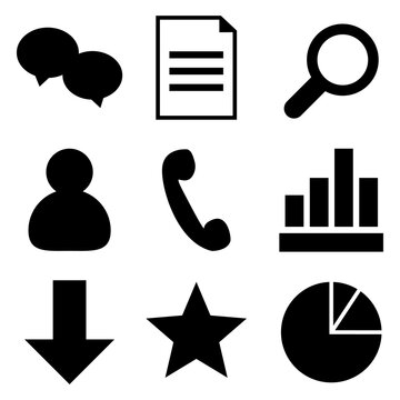 Icons set. Chat, phone, search, diagrams, avatar, download, file. Vector pack.