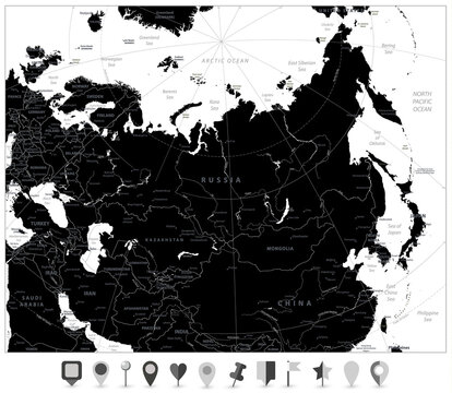 Eurasia black map and flat map pointers