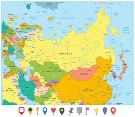 Eurasia political map and flat map pointers
