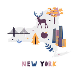 USA map collection. State symbols and nature on gray state silhouette - New york. Cartoon simple style for print