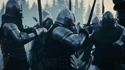 Epic Armies of Medieval Knights on Battlefield Clash, Armored Warriors Fighting Swords. Bloody War, Battle, Invasion. Dramatic Historical Reenactment. Cinematic Blue Light, Slow Motion, Medium - Powered by Adobe