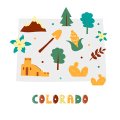USA map collection. State symbols and nature on gray state silhouette - Colorado. Cartoon simple style for print