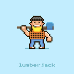 Fototapeta premium colorful simple flat pixel art illustration of cartoon smiling lumberjack with a blonde beard in a black hat and a plaid shirt with an axe on his shoulders