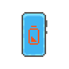 colorful simple flat pixel art illustration of modern smartphone with a red fully discharged battery icon on the display