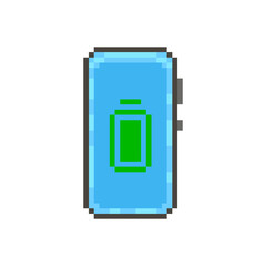 colorful simple flat pixel art illustration of modern smartphone with a green fully charged battery icon on the display