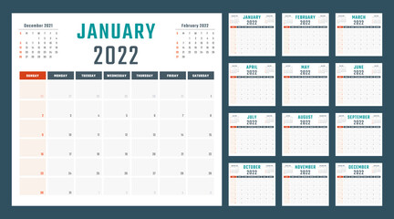 2022 year calendar, calendar design for 2022 starts sunday