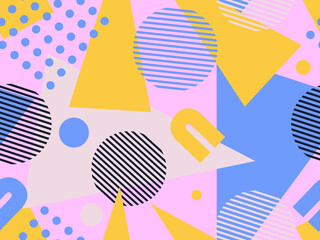 80s geometric seamless pattern with memphis elements. Trendy retro background for printing on paper, advertising materials and fabric. Vector illustration