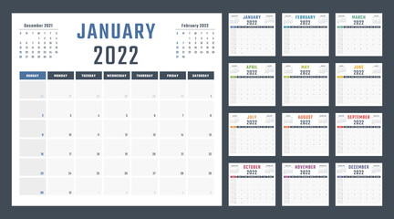 calendar for 2022 starts sunday, vector calendar design 2022 year