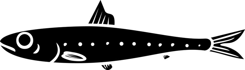 Black silhouette of cartoon sardine fish isolated on white background