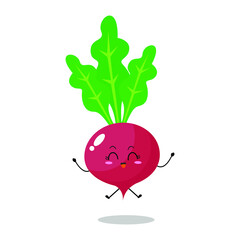 Vector illustration of red radish character with cute expression, funny, isolated on white background, vegetable for mascot collection, emoticon kawaii, jump, happy celebration
