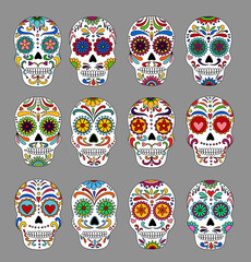 Day of the dead sugar skull isolated. Dia de los muertos. Coloring book page.Day of the dead and  mexican Halloween. Mexican tradition  festival.  Dia de los Muertos tattoo skulls set.
 