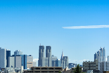 Fototapeta na wymiar 東京上空を飛ぶブルーインパルス
