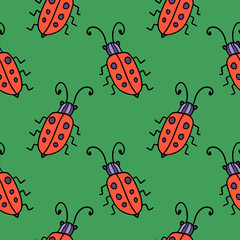 Seamless pattern with cute cartoon doodle linear bug isolated on background.