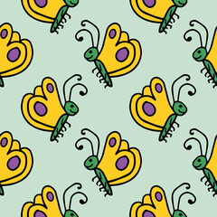 Cartoon doodle butterfly infinity background. Cute insect seamless pattern.