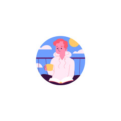 Man Reading The Book And Drinking Coffee. Vector Illustration