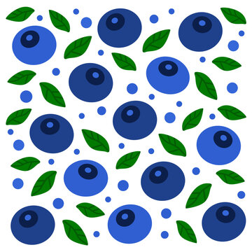 Blueberry berry with green leaves on a white background. Stylization. Flat vector pattern.